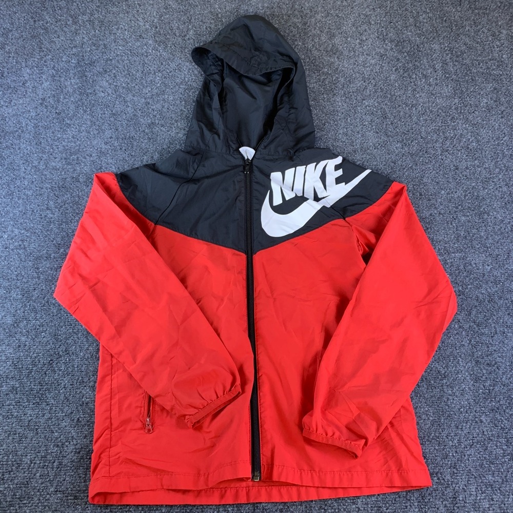 Nike Windbreaker Jacket Boys Large Red Good Packable Hooded Logo DD2759-010